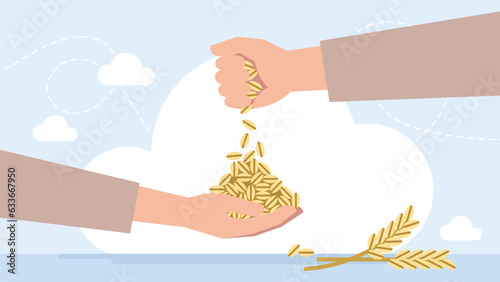 Concept of charity and donation. A generous man pours out a handful of grain to a beggar. Generosity. Feed the hungry. Support to people. Vector flat illustration