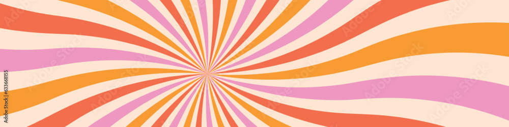 Retro 60s and 70s groovy carnival background. Sun and rainbow swirl pattern, vintage poster vibes. Funky ray elements, circle motifs, reminiscent of circus themes. Flat vector illustration isolated