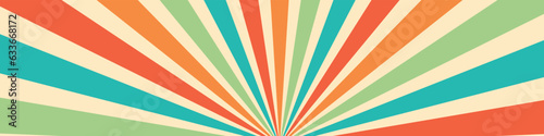 Groovy 60s and 70s background, blending vintage carnival and retro sun patterns. rainbow swirls, poster elements, funky rays, and circular circus vibes. Flat vector illustration isolated