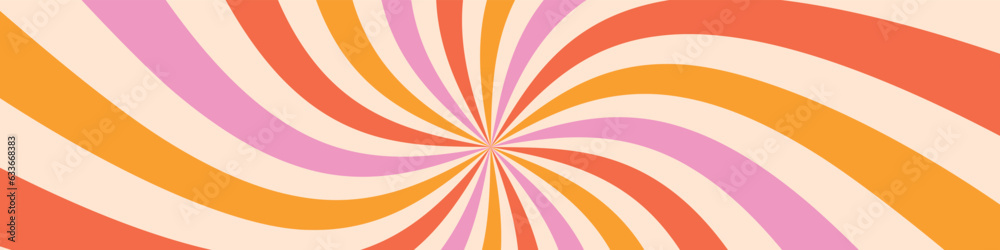 Groovy 70s background, retro sun and carnival motifs. Vintage swirls with abstract rays and a rainbow border. Pink graphic vintage circle . Flat vector illustration isolated