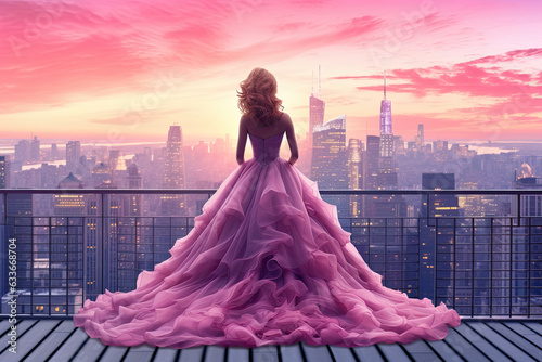 A woman in a flowing ball gown standing on a rooftop 