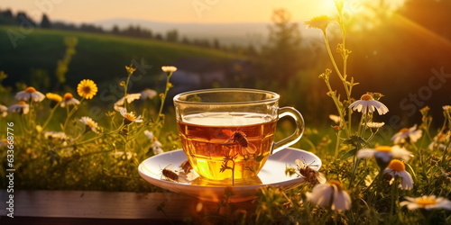 cup of chamomile tea on window top view beautiful floral morning landscape blurred light