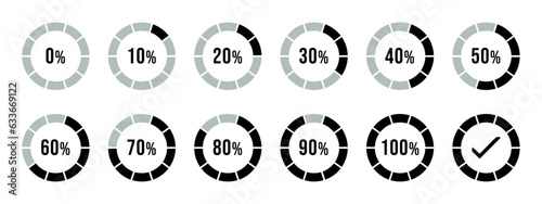 Percentage loading infographics in black color. Circle loading and circle progress collection. Set of circle percentage diagrams for infographics, 0 10 20 30 40 50 60 70 80 90 100 percent in black.