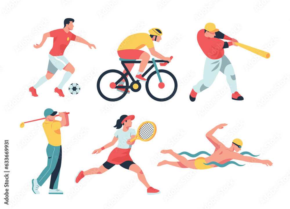 Sport collection vector illustration of a variety of sports vectors, including soccer, cycling, baseball, golf, tennis, and swimming