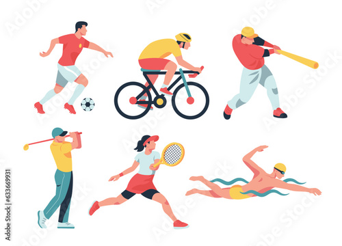 Sport collection vector illustration of a variety of sports vectors, including soccer, cycling, baseball, golf, tennis, and swimming