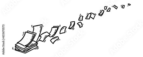 Flying paper sheets in doodle style. Hand drawn blank document pages. Falling files of documents. Horizontal office business vector illustration.