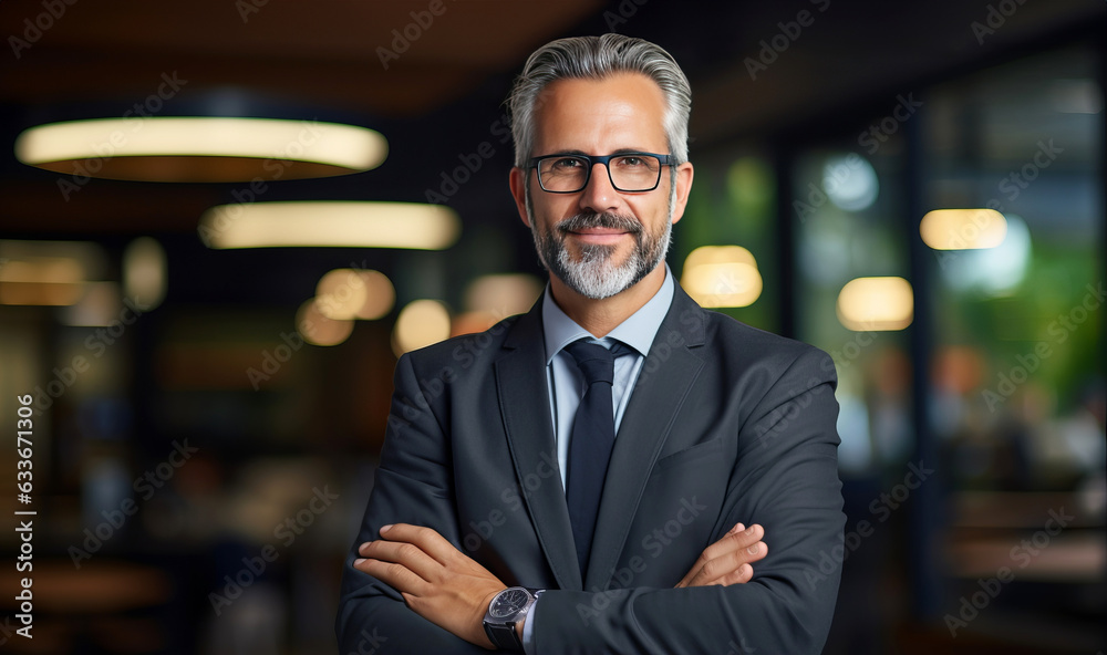 Senior business man stands in an office looking at the camera