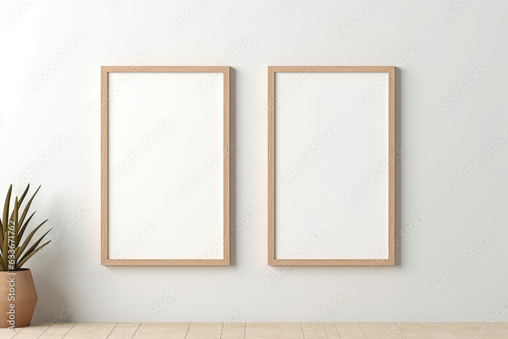Vertical wooden frame mock up on beige floor. Set of two wooden frame mock up poster. Vertical wooden frame mock up on beige floor. Set of two wooden frame mock up poster.