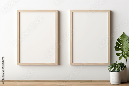 Vertical wooden frame mock up on beige floor. Set of two wooden frame mock up poster. © reddish