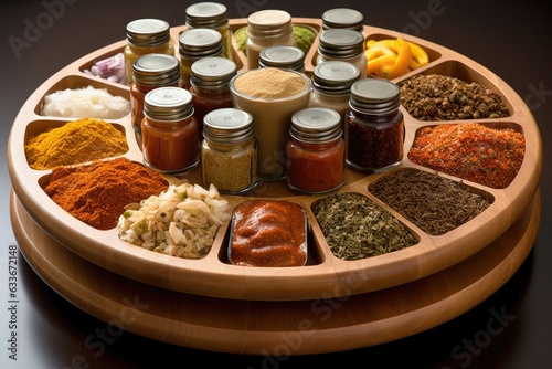 lazy susan with spices and condiments photo