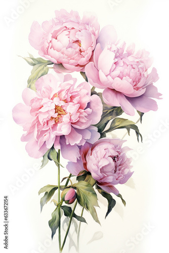 Sweet pink flowers, Pink Peony flowers bouquet watercolor paint on white background by Generative AI