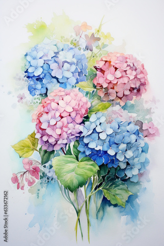 Hydrangeas flower bouquet watercolor paint on white background by Generative AI