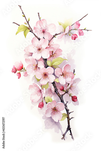 Japanese flowers. Sweet pink sakura flowers bouquet watercolor paint on white background by Generative AI