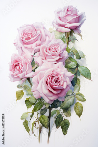 Pink rose qouquet watercolor paint on white background by Generative AI