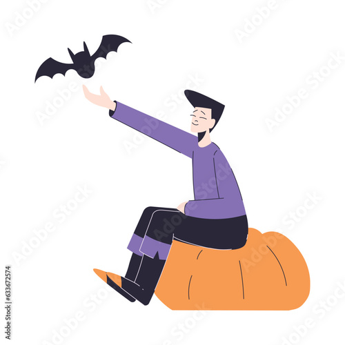 Happy Man Character at Halloween Party Sitting on Pumpkin with Bat Vector Illustration