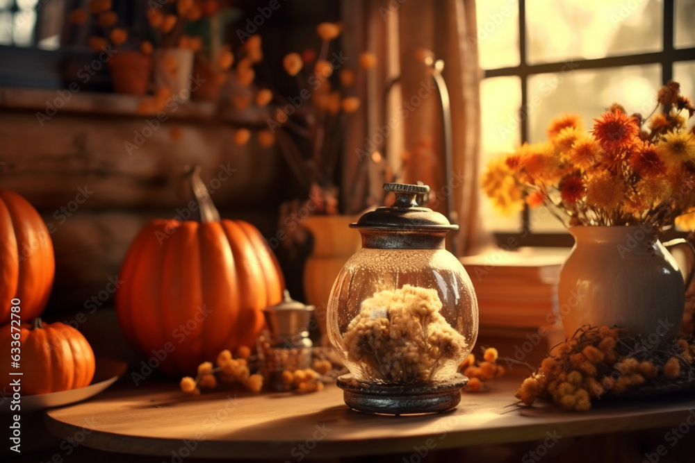 Pumpkin and vase with flowers near window at home, autumn season Pumpkin and vase with flowers near window at home, autumn season