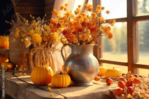 Wallpaper Mural Pumpkin and vase with flowers near window at home, autumn season Torontodigital.ca