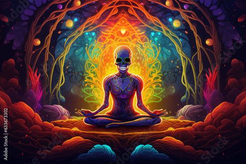 Human skeleton meditating in lotus pose. Man meditating in lotus position. Meditation in fantasy world. Glowing light. Concept Psychological Health. Symbol of calm. Pure mind. Pacification. Vector art