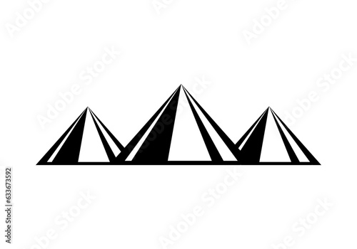 Black three triangle egypt ancient pyramids of giza are egyptian pharaoh tomb flat vector icon design.