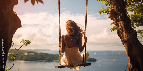 Traveler girl sitting on swing rope hang from tree branch swing on beautiful mountain Generative AI