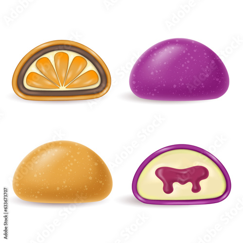 3d realistic Japanese dessert purple Daifuku Mochi with orange and passion fruit jam. a whole and half a cake in rice dough. Asian national cuisine.