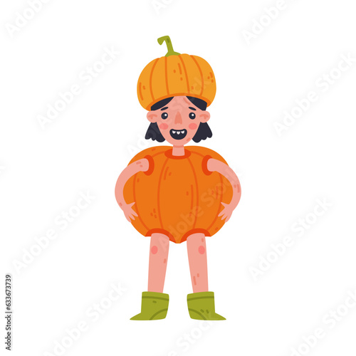 Happy Girl at Halloween Party in Pumpkin Costume Vector Illustration