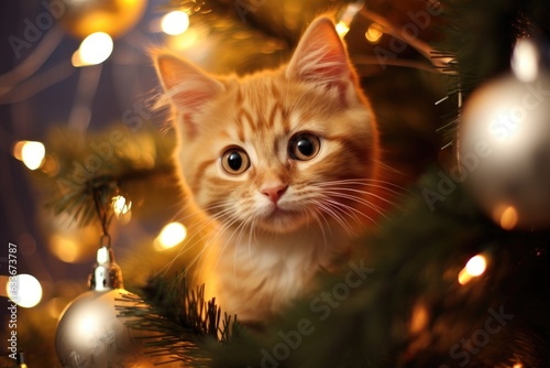 cute cat near Christmas tree, AI Generated