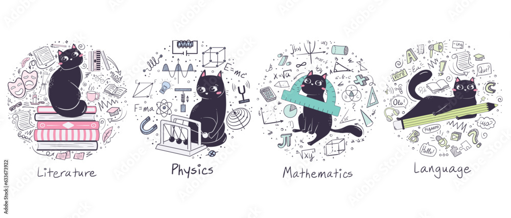 History of arts, biology, chemistry, geography, literature, physics, mathematics, language. set of backgrounds for school subjects with doodle objects and a cute cat.