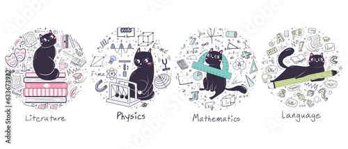 History of arts, biology, chemistry, geography, literature, physics, mathematics, language. set of backgrounds for school subjects with doodle objects and a cute cat.