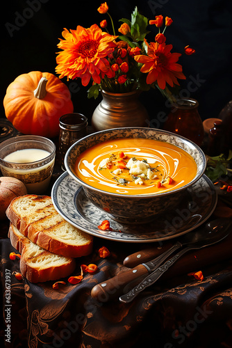 Pumpkin soup in the style of Flemish painting. AI generativ.