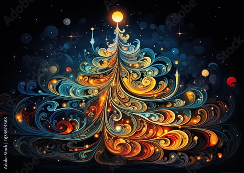 Fantasy Abstract Christmas Tree with Lights. Generative Ai.