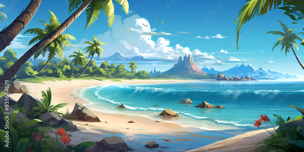 Beautiful landscape, blue sea and sky with white clouds Tropical beach with mountains and palm trees on the background 