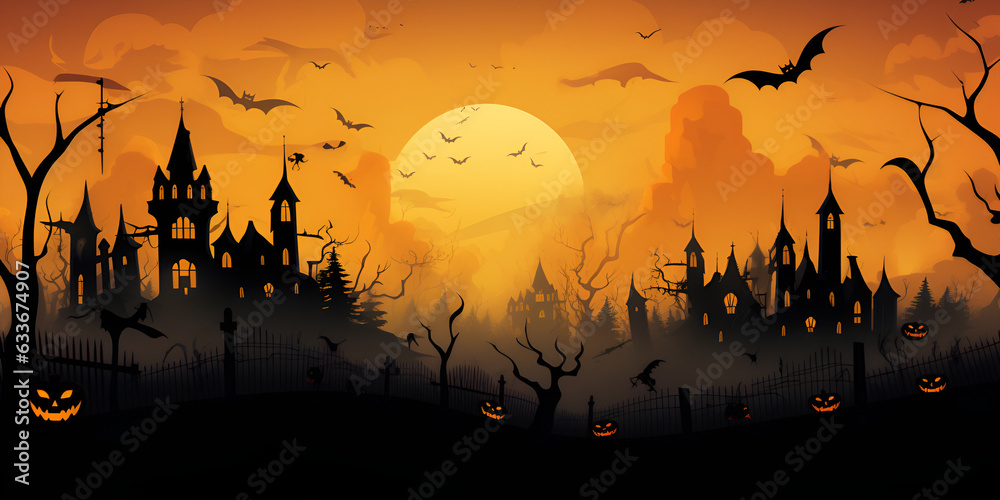 Scary halloween night background. Silhouette illustration of pumpkins, bats, trees on a full moon. Orange and yellow backgroundg generative ai