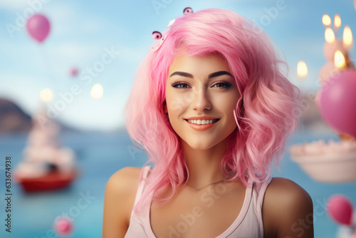 Happy European Girl With Pink Hair Sea Background. , Beach Vacation, , Pink Hair, , European Travel, , Summer Happiness, , Female Empowerment, , Travel Photography, , Colorful Backgrounds, , Sea Views