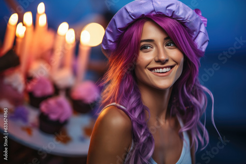 Happy European Woman With Purple Hair With Cake Sea Background. Happy European Woman, Purple Hair, Cake, Sea Background, Feminine Beauty, Birthday Celebrations, Finding Joy, Freedom