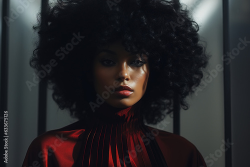 Stylish fashion African American woman beauty portrait. Magazine style serious woman with afro hairstyle in red dress looking at camera