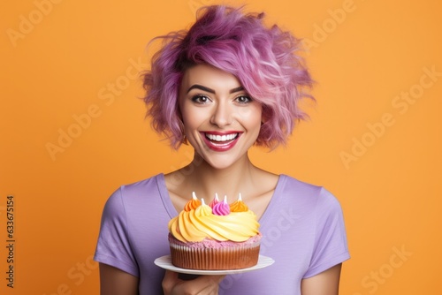 Happy European Woman With Purple Hair With Cake Pastel Orange Background. European Womens Beauty, Purple Hair Color, Cake Decoration, Orange Background, Power Of Expression, Femininity