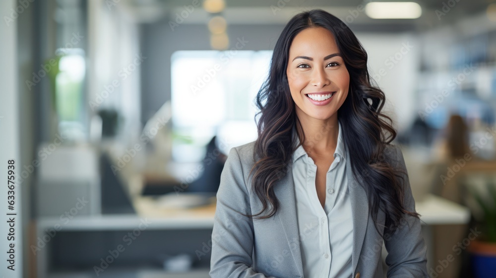 Portrait of smiling businesswoman in the office background. Generative ai Portrait of smiling businesswoman in the office background. Generative ai
