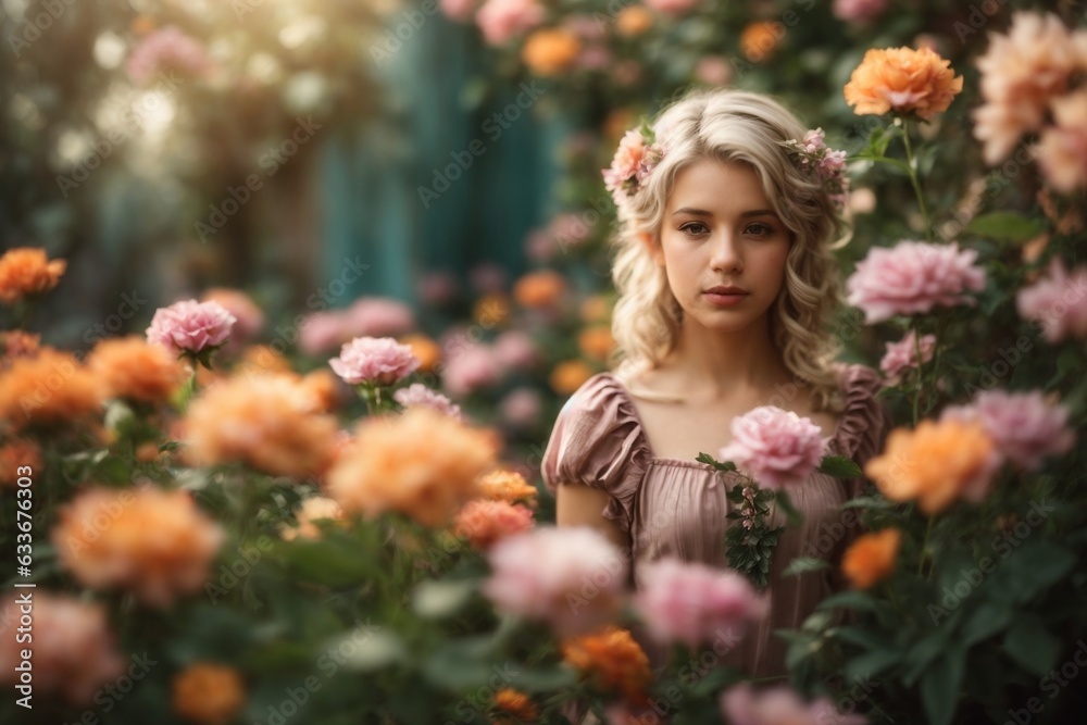 Rosy Elegance: Girl Amidst Blooms Rosy Elegance: Girl Amidst Blooms