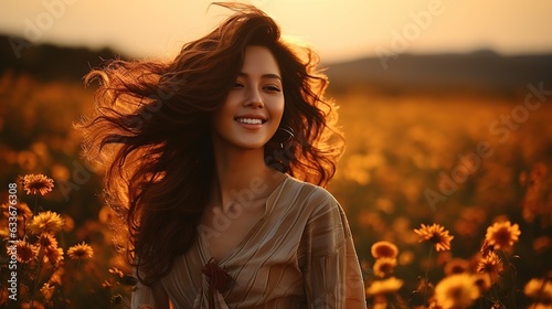 Beautiful woman with curly hair in front of a flower field © Unique Designs