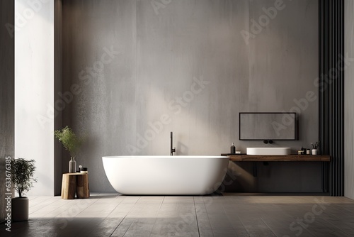 Minimal loft interior design with concrete walls and floor  represented in a 3D render  featuring a bathroom.