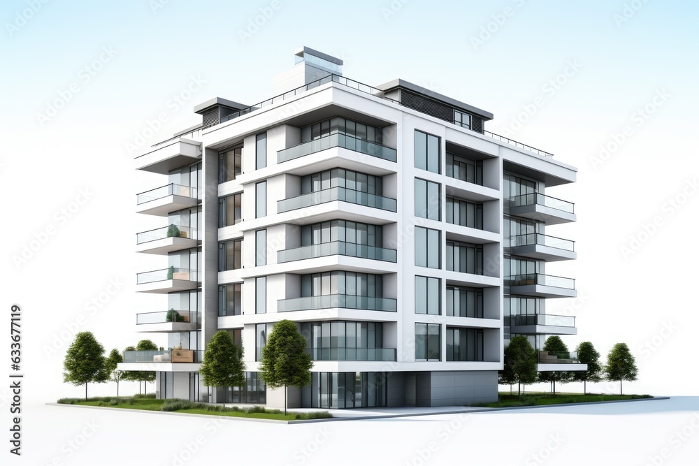 Luxury apartment or condo building, isolated on white background, in 3D render.