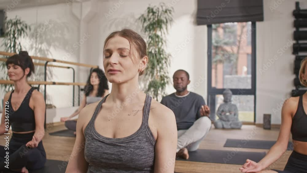 Mixed-race sporty people wearing fitness clothes meditating on yoga mat. Comfortably sitting in lotus position with closed eyes. Exercising breathing deep and concentrated on spiritual energy within. Mixed-race sporty people wearing fitness clothes meditating on yoga mat. Comfortably sitting in lotus position with closed eyes. Exercising breathing deep and concentrated on spiritual energy within.