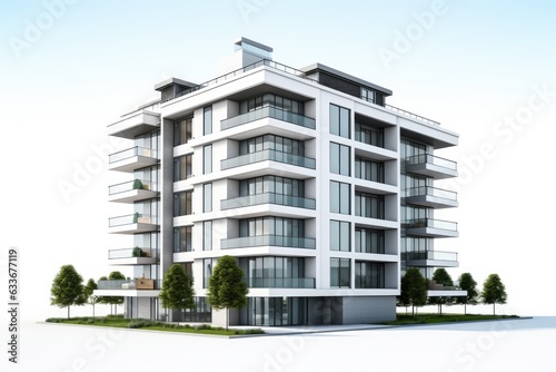Luxury apartment or condo building, isolated on white background, in 3D render.