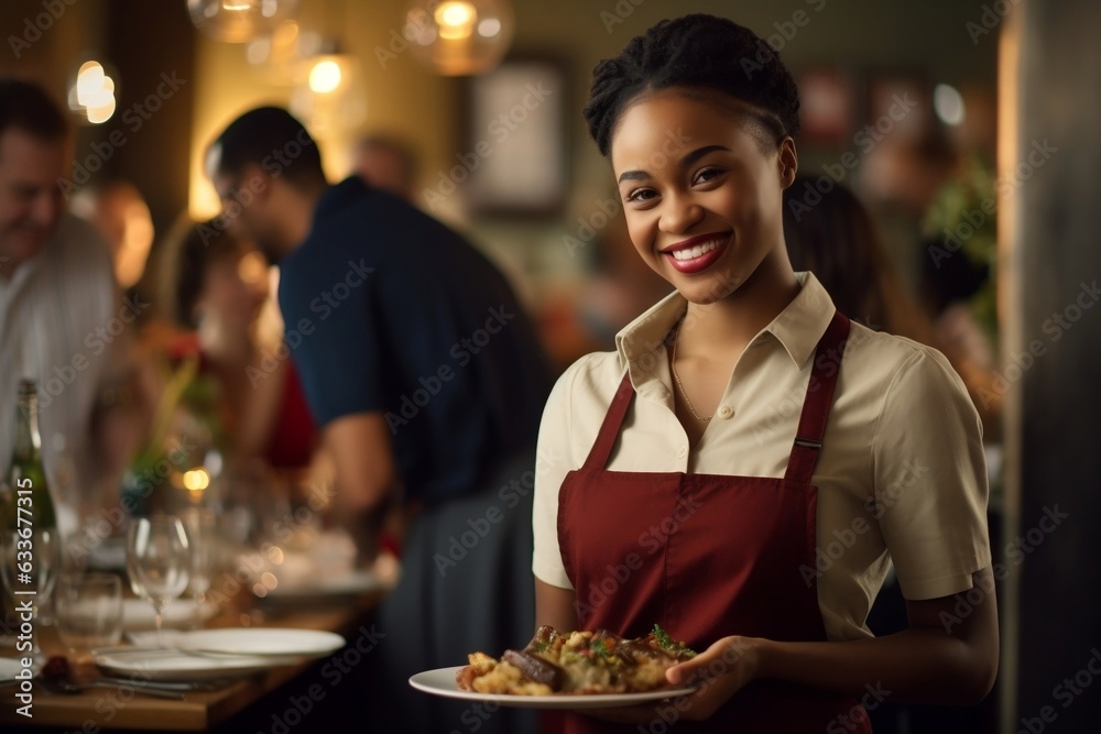 Joyful African American Waitstaff Serving Cuisine. Generative AI
