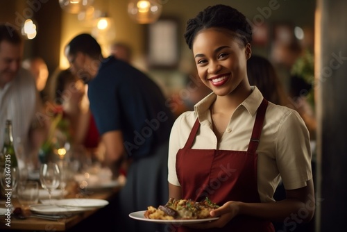 Joyful African American Waitstaff Serving Cuisine. Generative AI