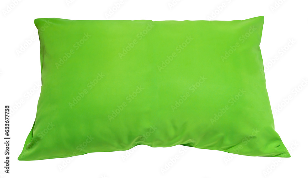 Top view of green pillow at hotel or resort room isolated on white background with clipping path in png file format Concept of comfortable and happy sleep in daily life