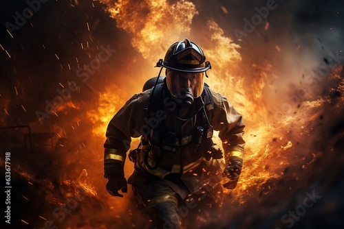 Bold Fireman Charging Into Smoke Clad in Full Gear. Generative AI © Haider