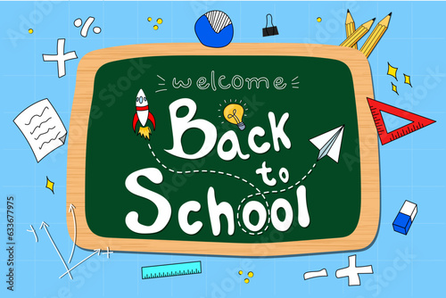 Vector welcome back to school on green board in classroom with teaching supplies