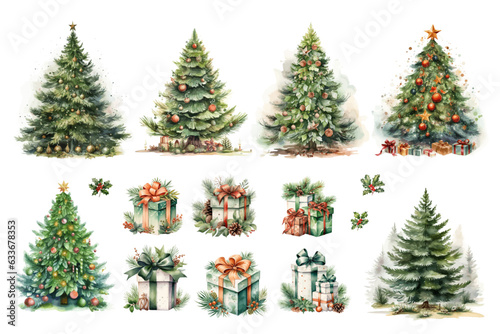 watercolor cute vector terra cotta and forest green Christmas trees present gift boxes and holly berries vector